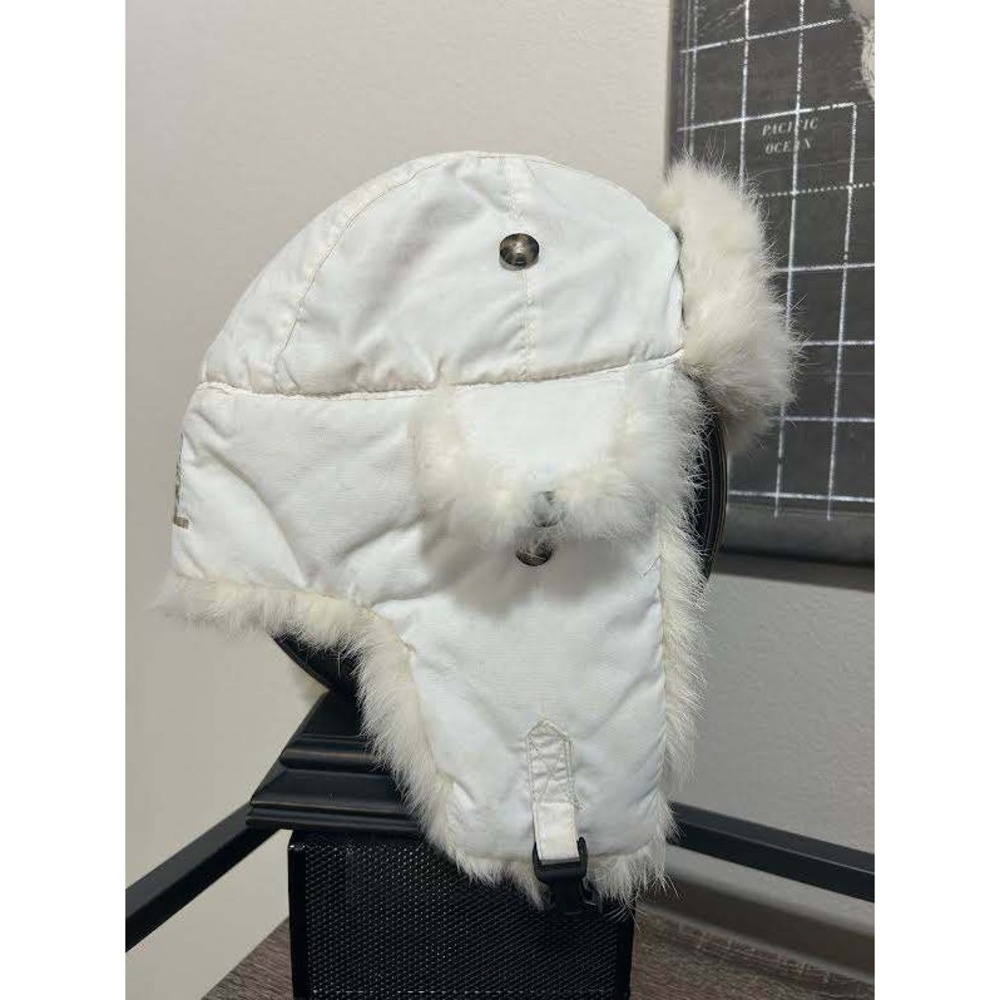 Mad Bomber Women White Nylon Rabbit Fur Trim Trapper Ear Flap Winter Hat Lg **